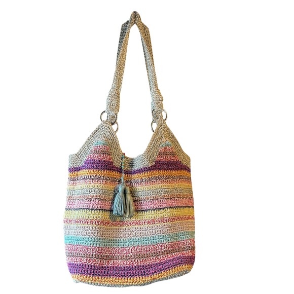 The Sak Handbags - The Sak Striped Crochet Hobo Bag Multi Color Tassel Shoulder Tote Boho Retro